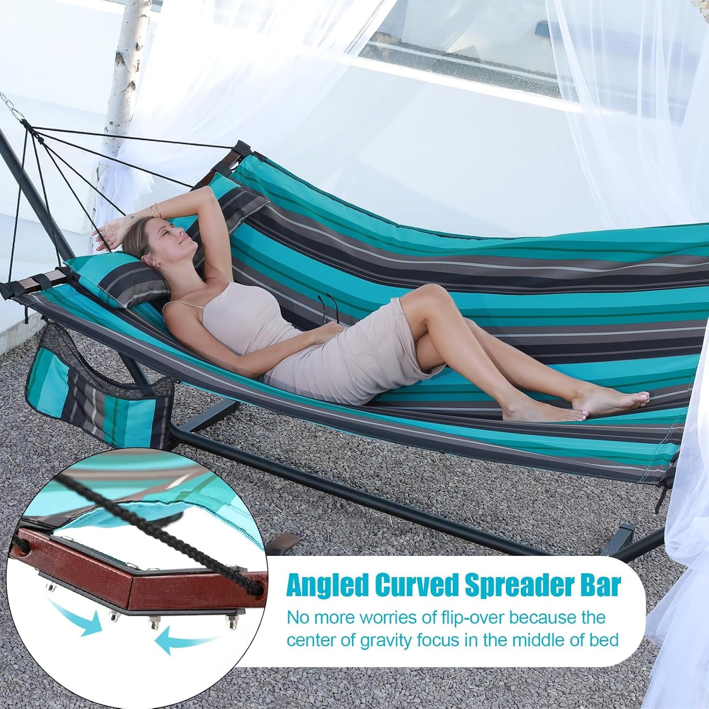 TegerDeger 12FT 2 Person Hammock Large Hammock 450LB Capacity with V Shaped Hardwood Spreader Bar & Nylon Rope for Outside, Patio, Garden, Backyard, Beach, Poolside - Teal Stripes
