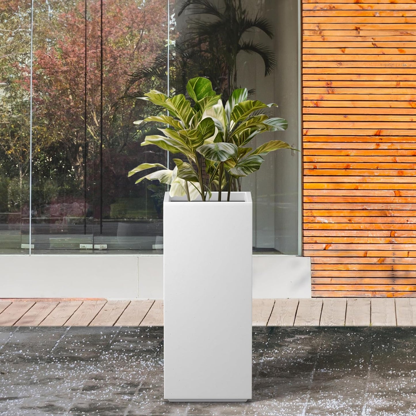 Kante 20.3" H Tall Rectangular Concrete Planter, Modern Square Diameter Plant Pot with Drainage Hole and Rubber Plug for Indoor Outdoor Home Patio Garden, Pure White