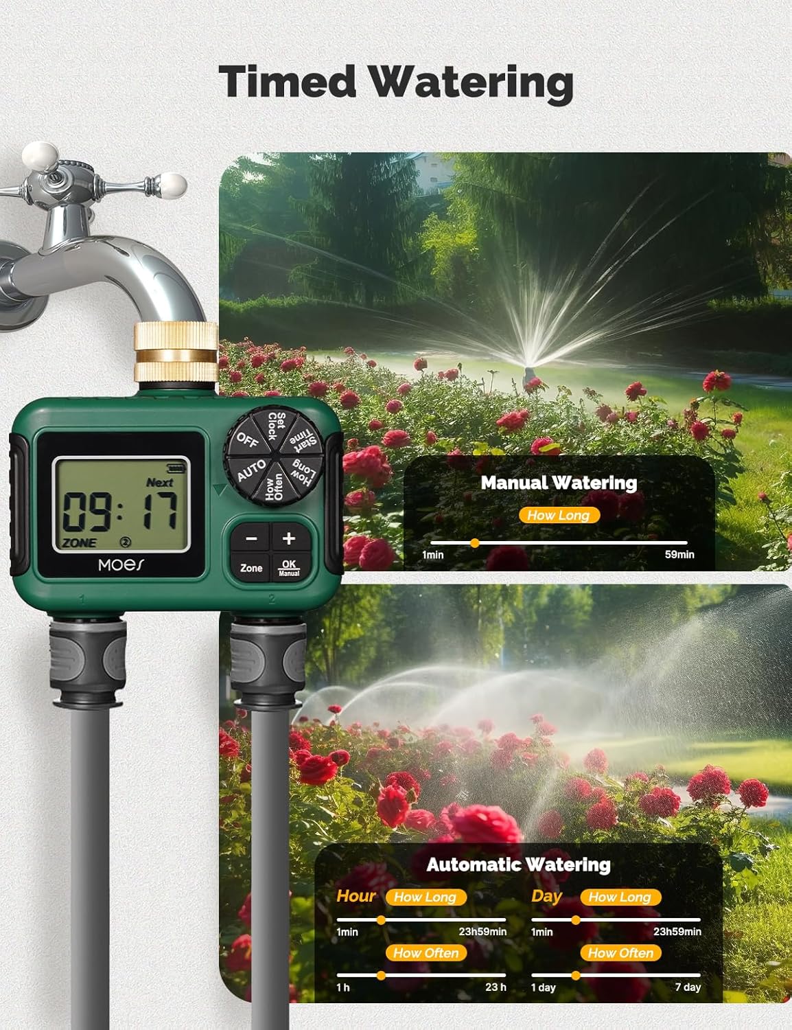 MOES 2 Outlet Sprinkler Timer, Brass Inlet, Programmable Automatic Irrigation Controller, Rain Delay, Manual Watering, 2 Zone Water Hose Timer for Gardens, Lawns, and Hose Systems