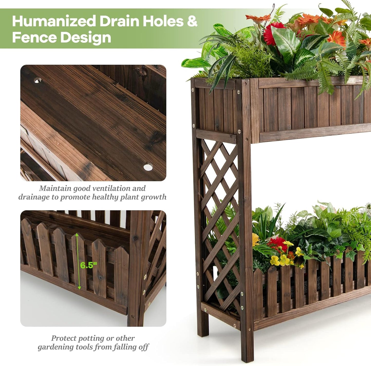 S AFSTAR 2-Tier Raised Garden Bed, Indoor Outdoor Flower Bed with Bottom Shelf Fence, 35.5” H Wood Elevated Planter Box for Vegetable Flower Herb Succulent, Ideal for Patio Balcony Backyard