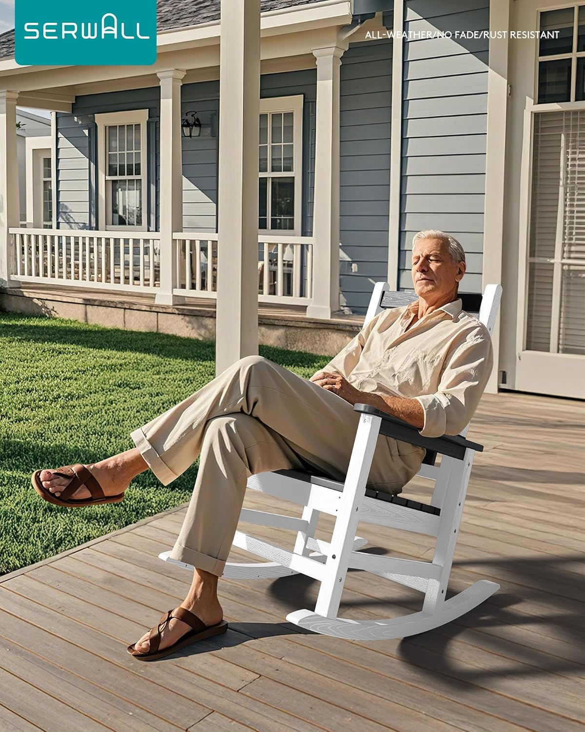 SERWALL Outdoor Rocking Chair Set of 4, HDPE Rocking Chairs for Adult, All Weather Porch Rockers for Lawn Garden, Gray & White