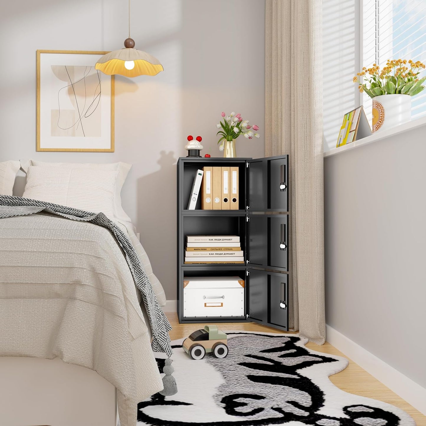 3 Door Metal Vertical Storage Locker for School, Office, Home,Gym,Stackable Steel Storage Cabinet with Lock,Anti-Falling Device. (3 Door, Black)