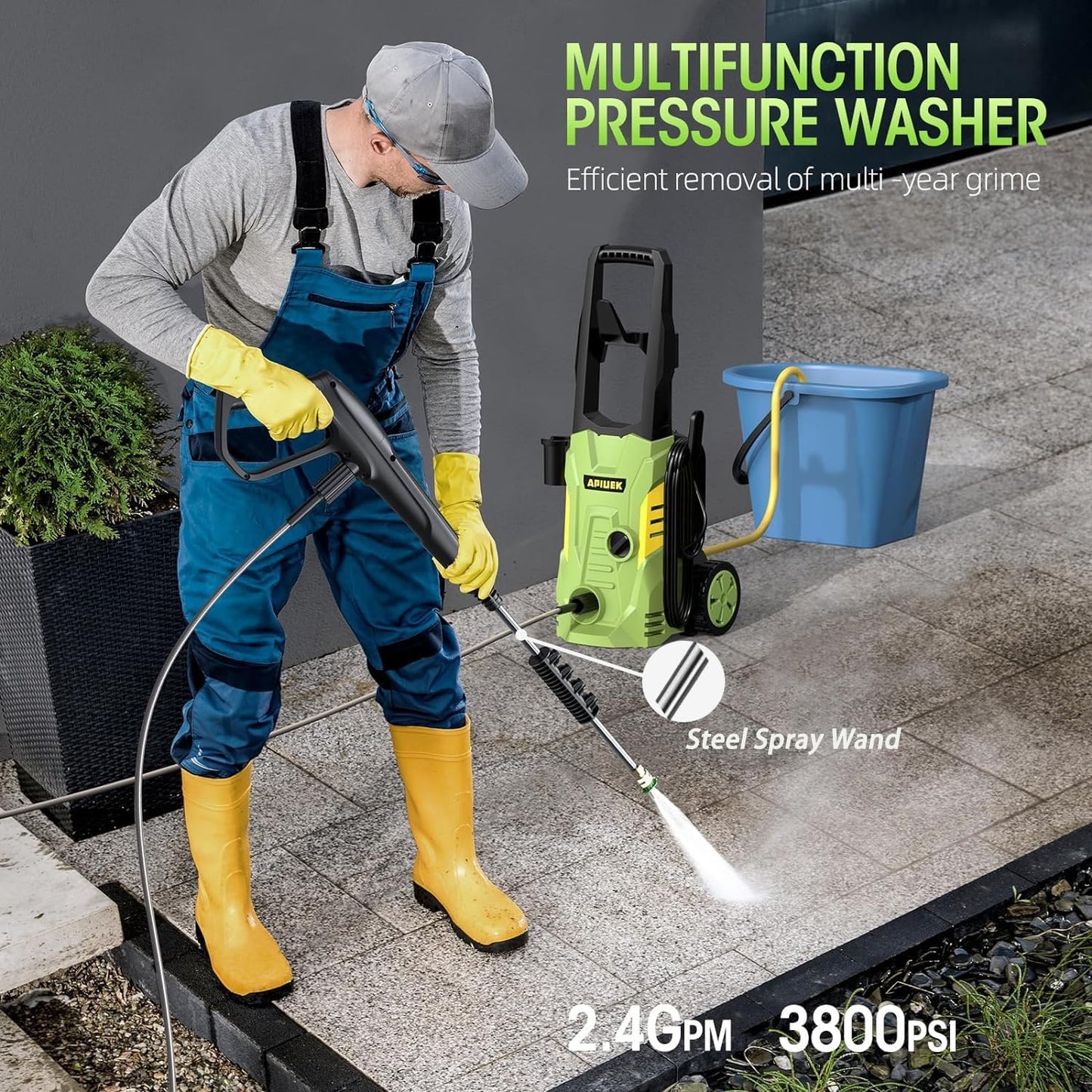 Electric High Pressure Washer - Portable Washer with 23 FT Water Outlet & 6.6 FT Inlet Hose, Steel Spray Wand, Foam-Adjustable Cannon,4 Nozzle Set, Cleans Car/Patio/Fence/Window, 3800PSI 2.4GPM