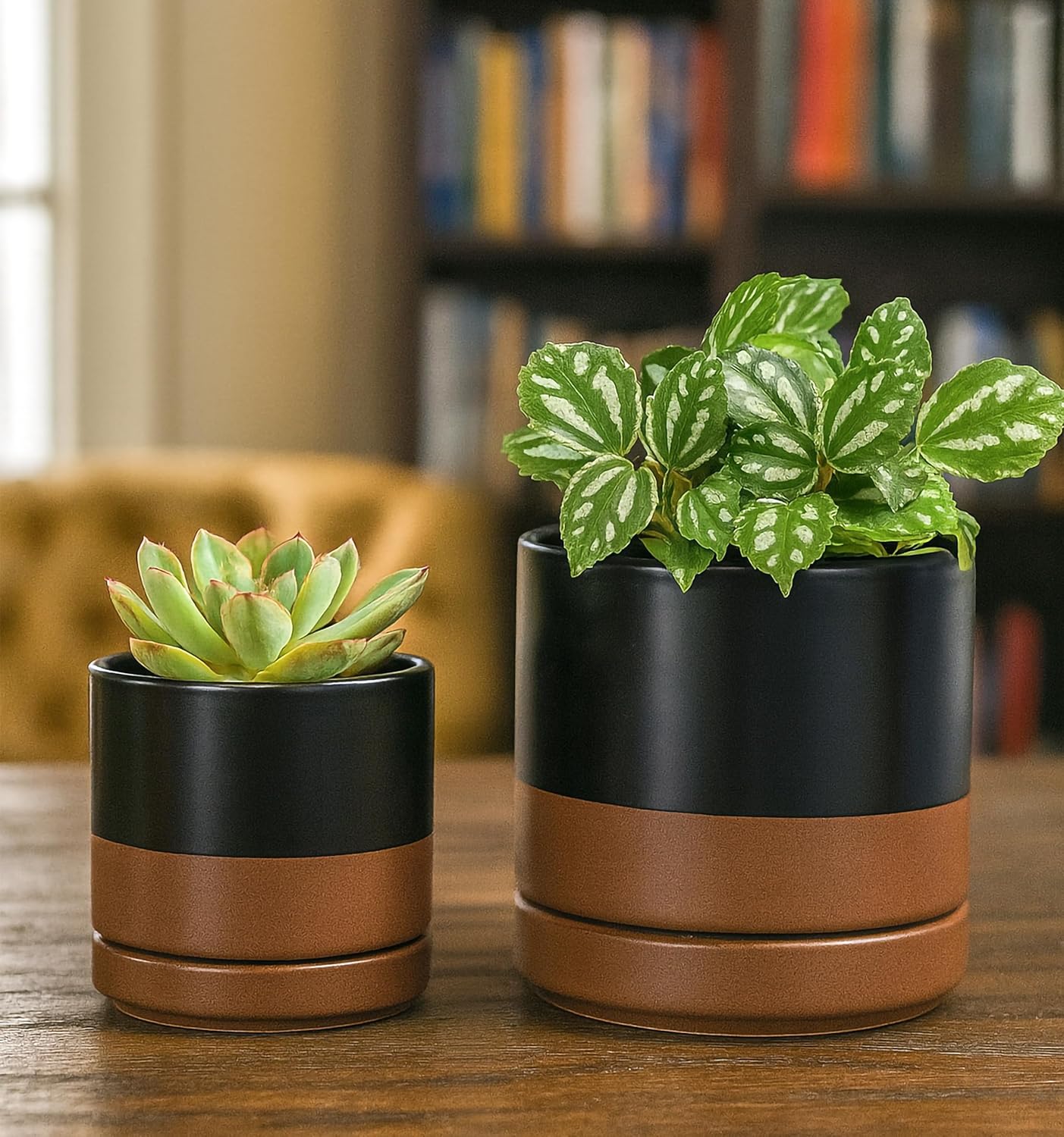 D'vine Dev 3.5 Inch & 4.7 Inch Ceramic Planter Pots for Plants with Drainage Hole and Saucer, X-Small Plant Pots Set, Black/Speckled Tan, 94-G-XS-7