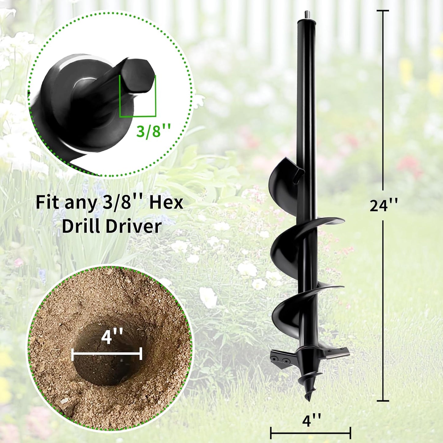 4"x24" Auger Drill Bit for Planting,Designed for Hard&Rocky Soil,Heavy-Duty Post Hole Auger with Upgrad Dual-Sharp Blades Tip,Garden Spiral Drill Bit & Plant Hole Digger,for 3/8" Hex Drive Drill
