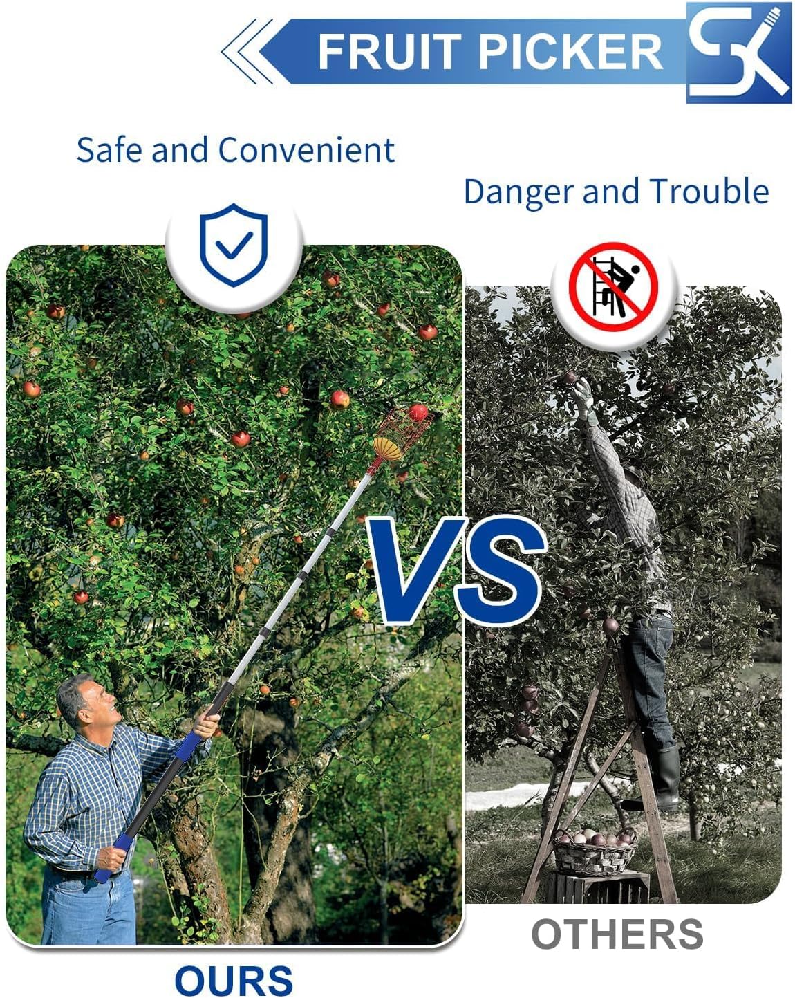 26FT Reach Fruit Picker, 5-20 Foot Sturdy Aluminum Telescoping Fruit Picker Extension Pole with Metal Twist-on Basket, Suit for Apple Pear Lemon Mango Guava Orange Avocados Tree Fruit Picking