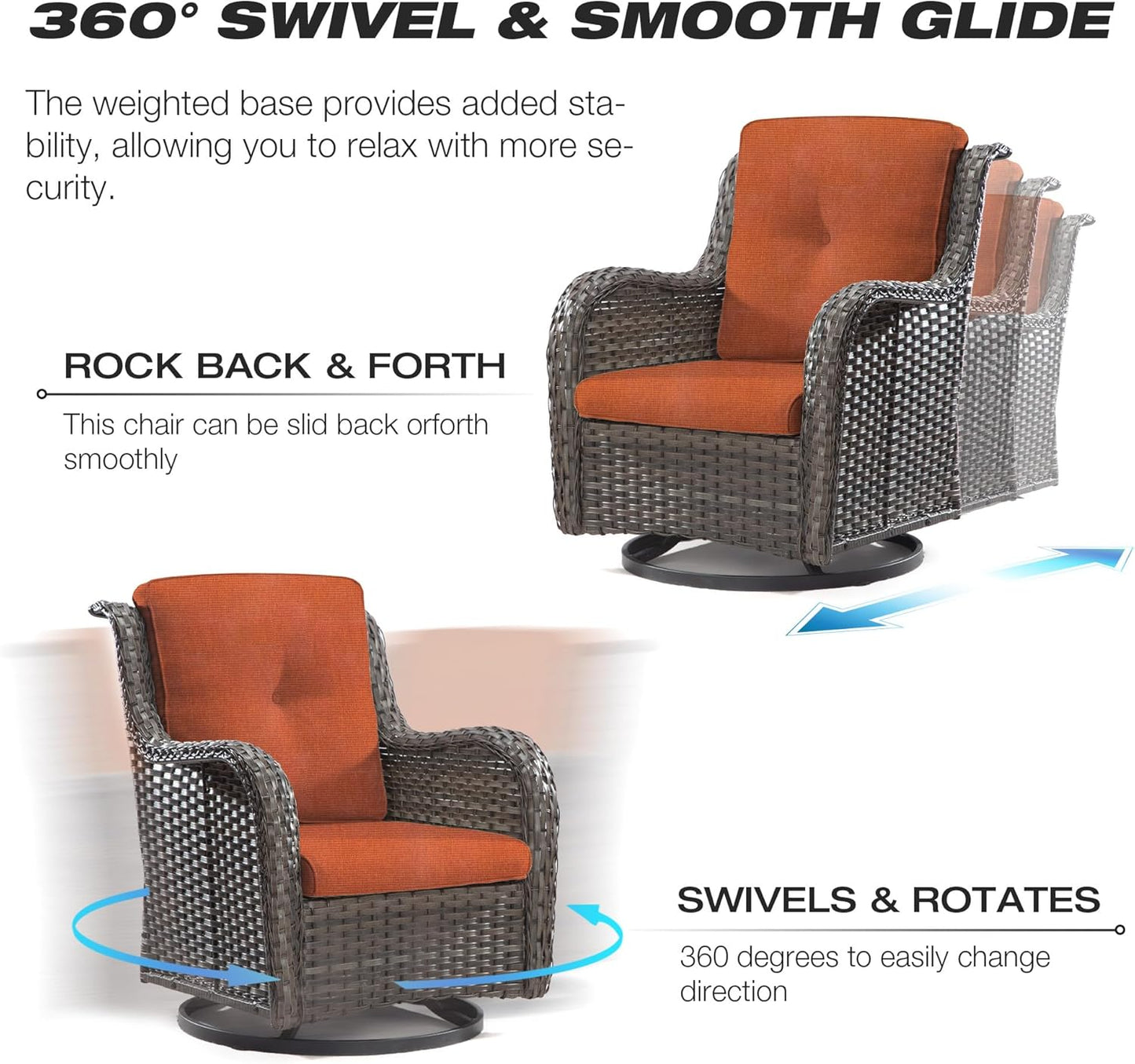 Joyside Outdoor Swivel Rocker Patio Chairs Set of 2 and Matching Side Table - 3 Piece Wicker Patio Bistro Set with Premium Fabric Cushions(Mixed Grey/Orange)