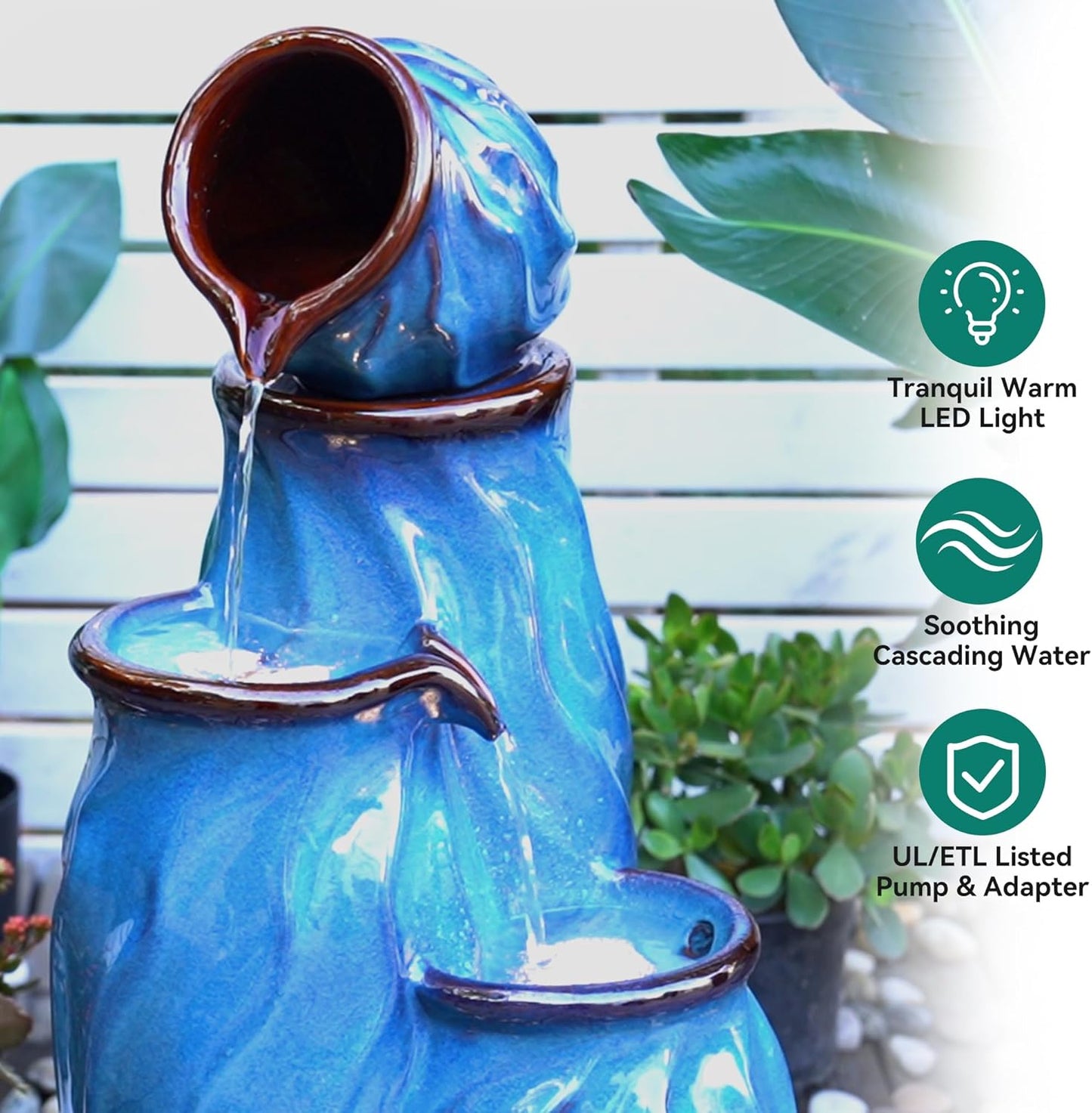 29" Tall Ceramic Outdoor Fountain and Waterfalls, 4-Tier Cascading Jars Water Feature, Tranquil Oasis for Relaxing Garden, Patio, Yard, or Porch Decor, Turquoise, Dynamic Wave-Texture