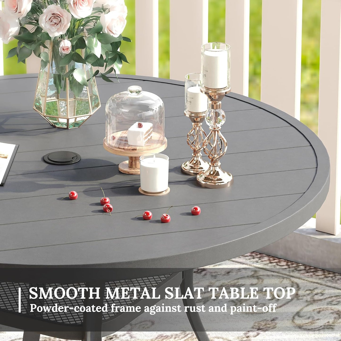 VICLLAX 47.2" Outdoor Round Patio Table for Lawn Garden, All Weather Metal Round Patio Dining Table with Adjustable Umbrella Hole, 6 Person Patio Table, Grey Tabletop