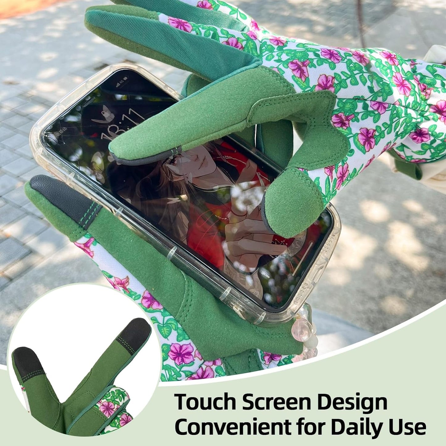 Gardening Gloves for Women, Garden Gloves with Touch Screen, Thorn Proof Puncture Resistant Working Gloves, Gardening Gifts for Women (Green with purple flowers, Medium)