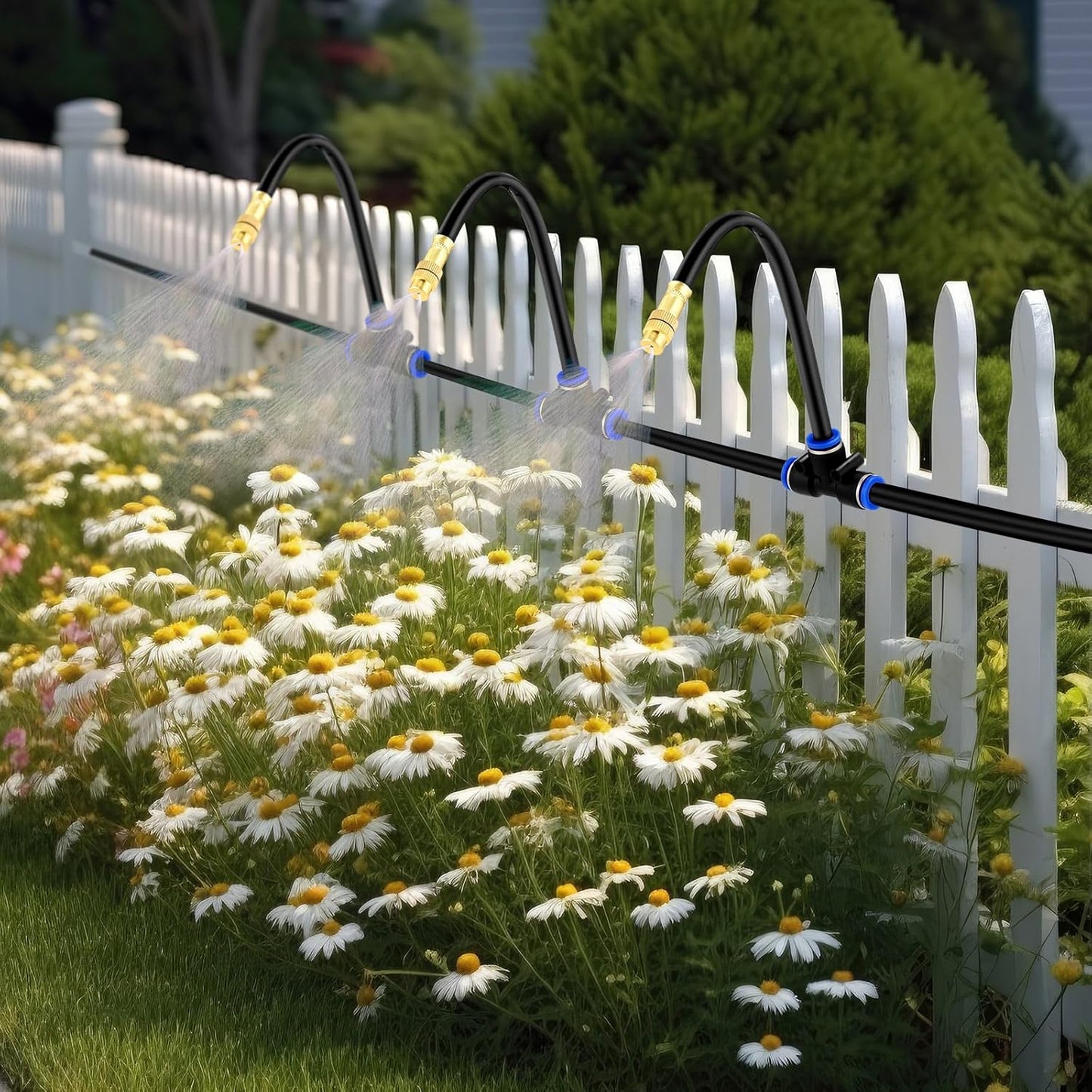 Zonon Brass Misting Nozzles Tee with Built in Hose 360 Degree Rotation Adjustable Water Mister Nozzles Thread Sprayer 0.043" Misting Parts and Accessories for Patio Outdoor Cooling(15 Pcs,8 Inch)