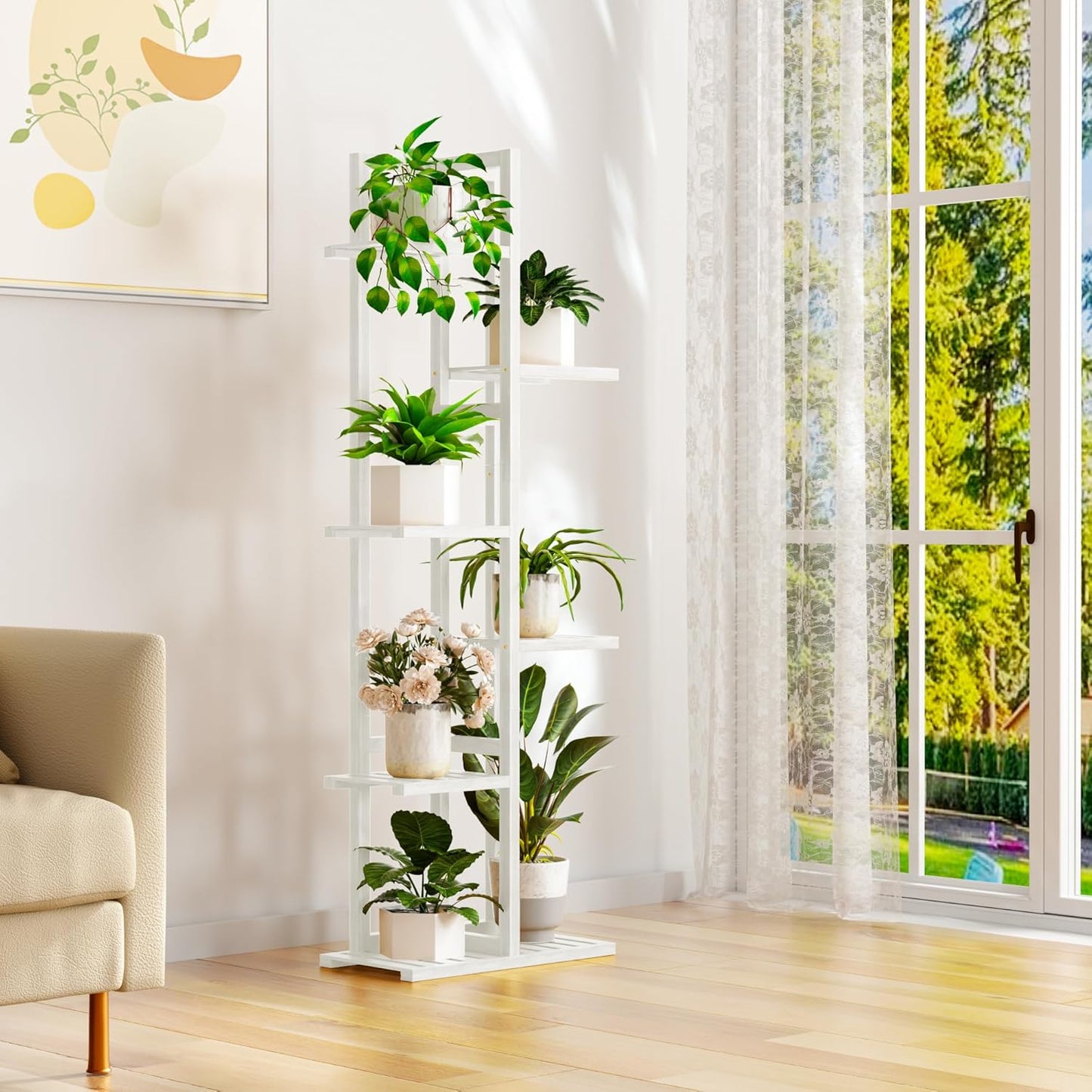 6 Tier Bamboo Plant Stand Indoor, Wood Tall Flower Holder Corner Tiered Plant Shelf for Multiple Plants (White)