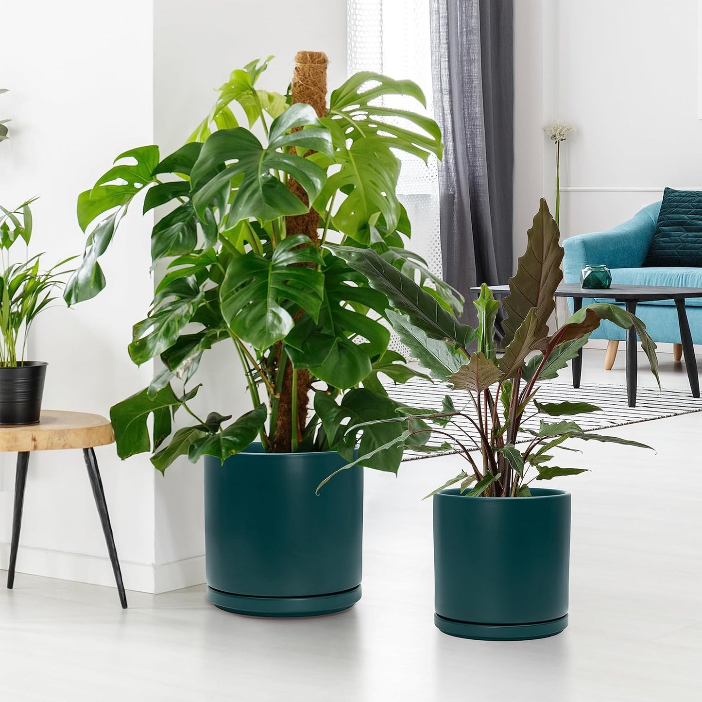 D'vine Dev 8 Inch & 10 Inch Ceramic Planter Pot for Plants with Drainage Hole and Saucer, Large Plant Pots Set, Teal, 94-G-L-9