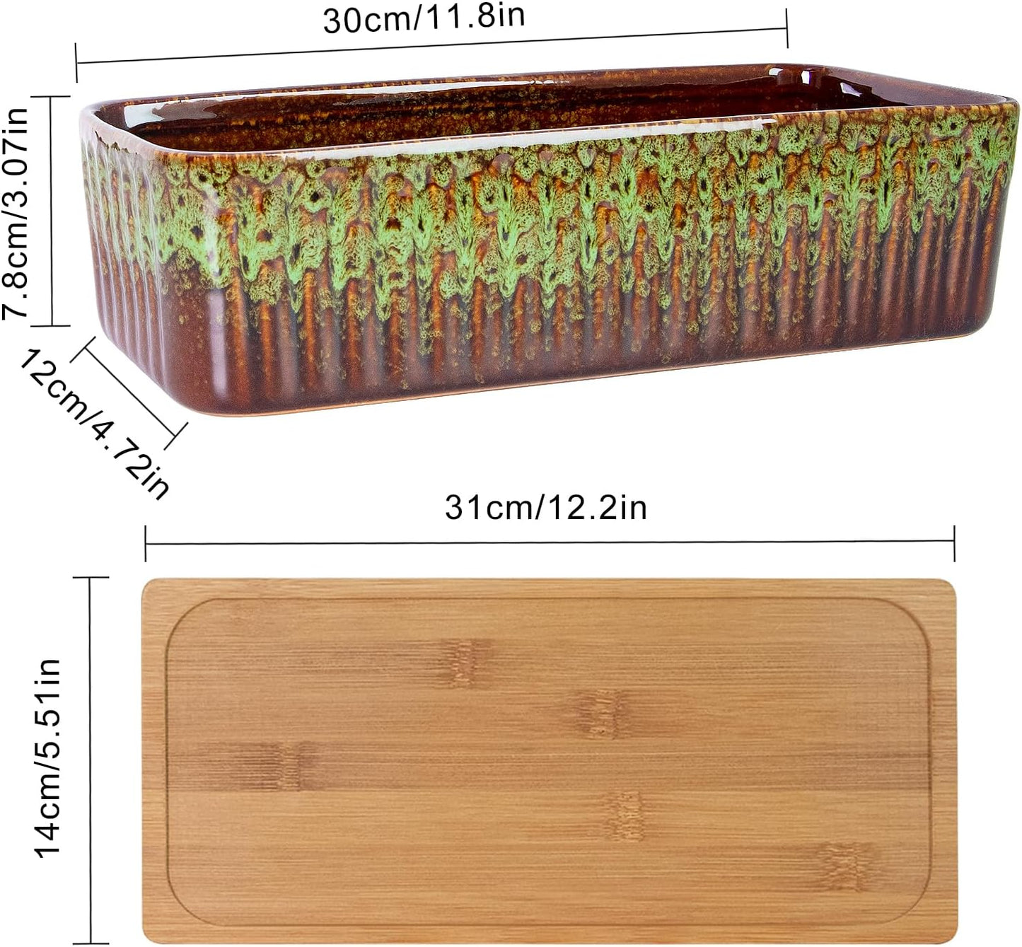 Succulent Pots - 12 Inch Large Succulent Planters with Drainage Tray, Window Sill Planter, Long Rectangle Ceramic Pots for Indoor Cactus Plants Shallow Bonsai Window Box for Home Garden Decor