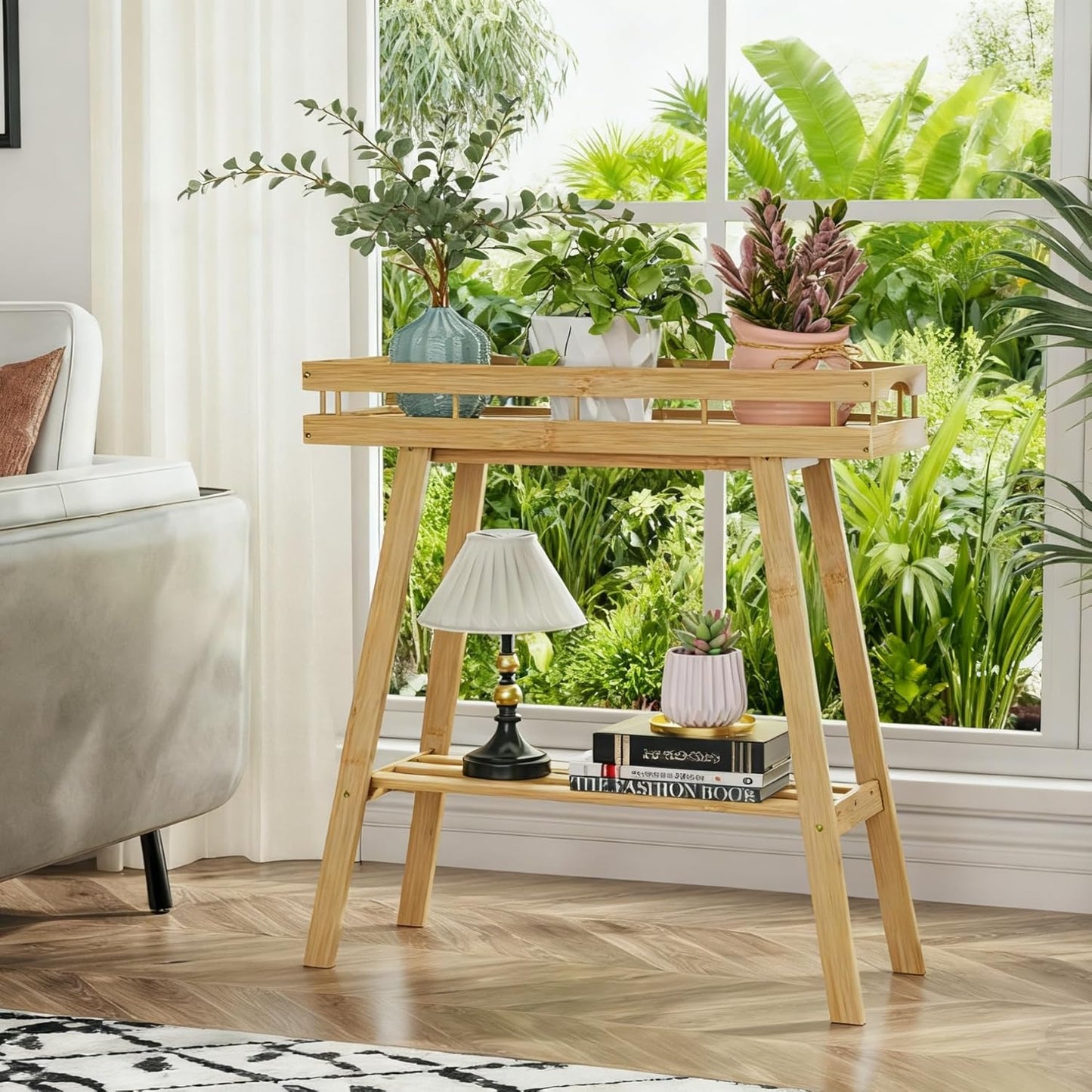 BAMBANG Bamboo Plant Stand Indoor, 2 Tier Small Plant Table, Tall Plant Stand for Indoor Plants, Window Sill Plant Shelf, Flower Pot Holder Plant Bench Plant Rack for Living Room, Natural