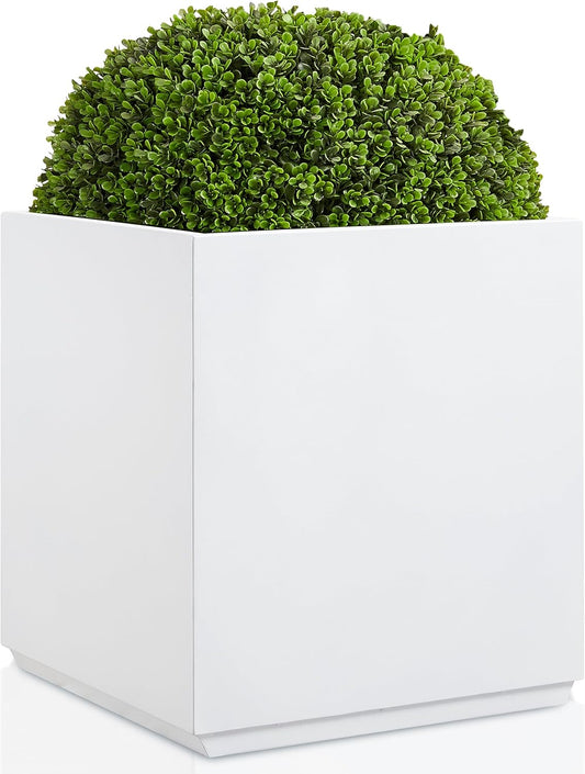 Metallic Heavy Planter Box for Outdoor or Indoor, No Assemble and Seamless, Large Square Planter, Cube Planter for Tall Trees, Plants, Flowers 21Lx21Wx24H 35Pounds White