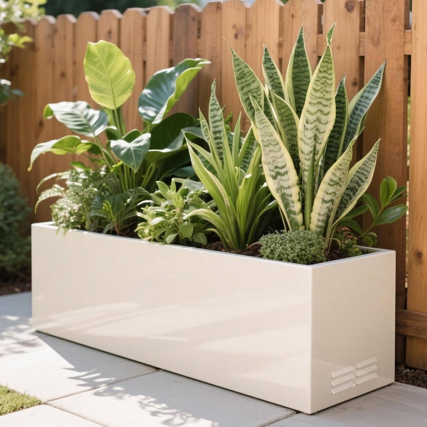 Worth Garden Metal Planter Box - 30" L x 11" W x 13" H Glossy White Heavy Duty Large Rectangular Steel Modern Plant Pot, Indoor Outdoor - Insert Plate with Drain Holes, Air Vents, No Assembly Required