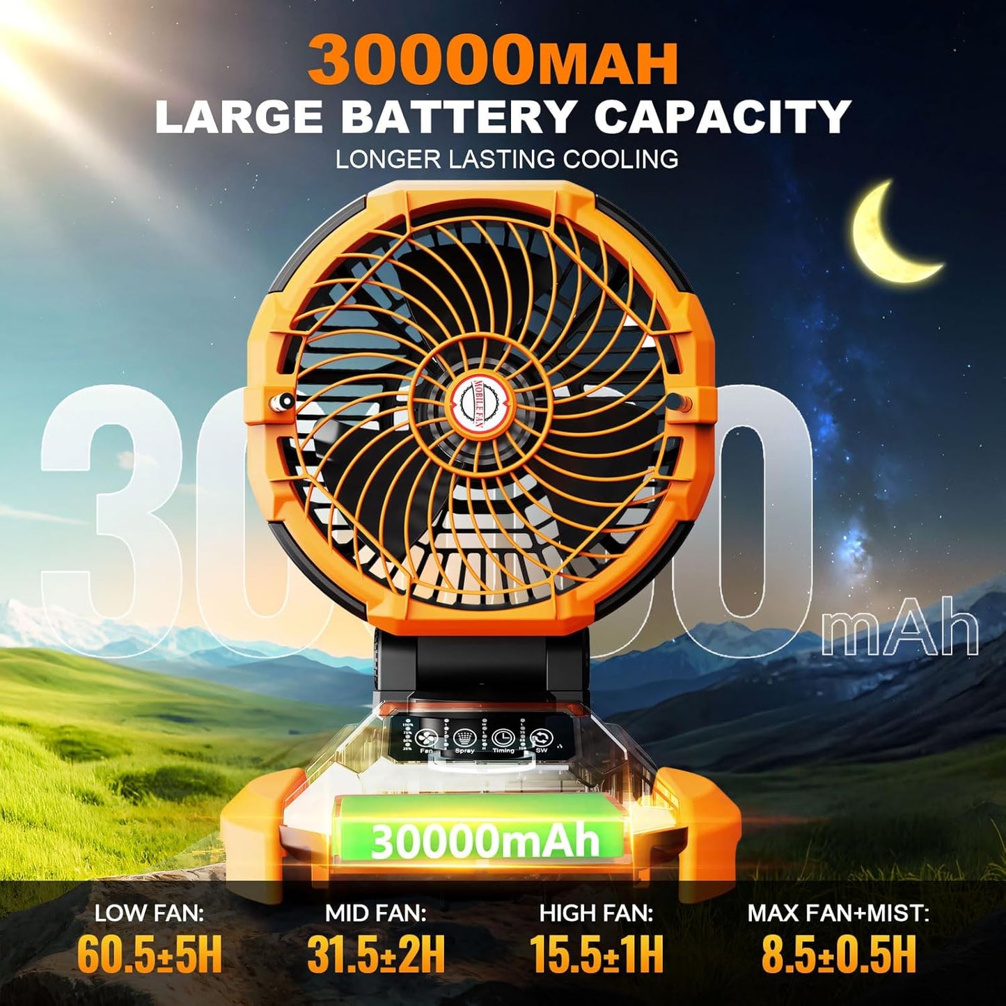 Portable Misting Fan, 30000mAh Rechargeable Battery Powered Oscillating Cooling Fan, Outdoor Fans for Camping, Patio, Adjustable Base for 10-13in Water Tank(No Bucket Included)