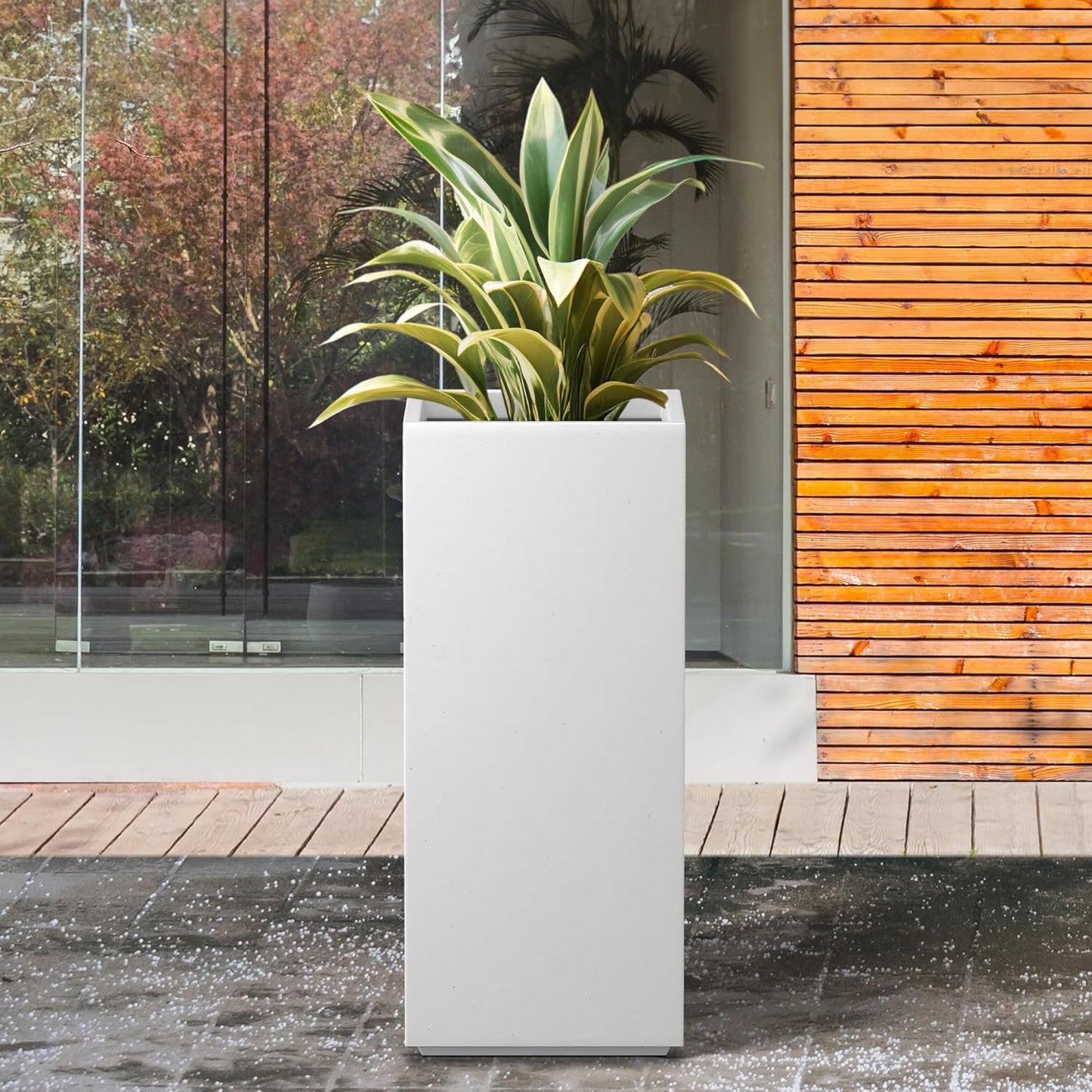 Kante 27.6" H Tall Rectangular Concrete Planter, Modern Square Diameter Plant Pot with Drainage Hole and Rubber Plug for Indoor Outdoor Home Patio Garden, Pure White