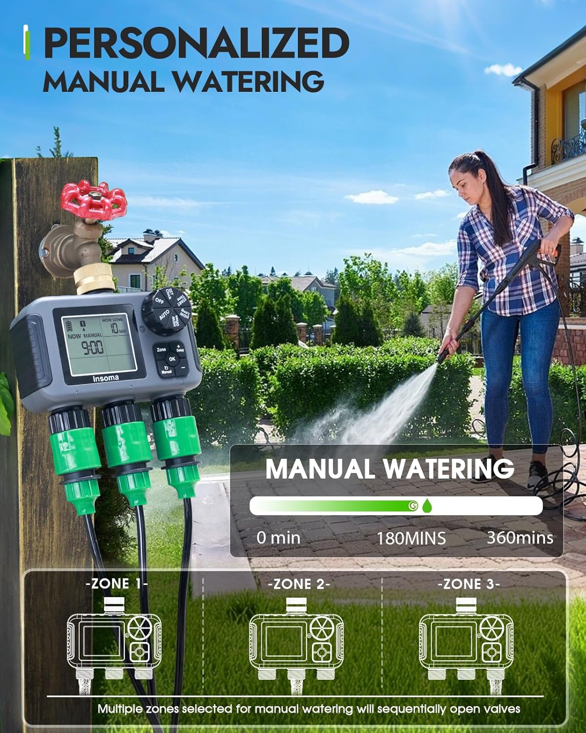 Insoma 3-Zone Sprinkler Timer with Brass Inlet + IPX5 Waterproof | Programmable Auto/Manual Irrigation Mode with Rain Delay & Large LCD | Water Hose Timer 3 Outlets for Garden, Lawn, Yard, Pool