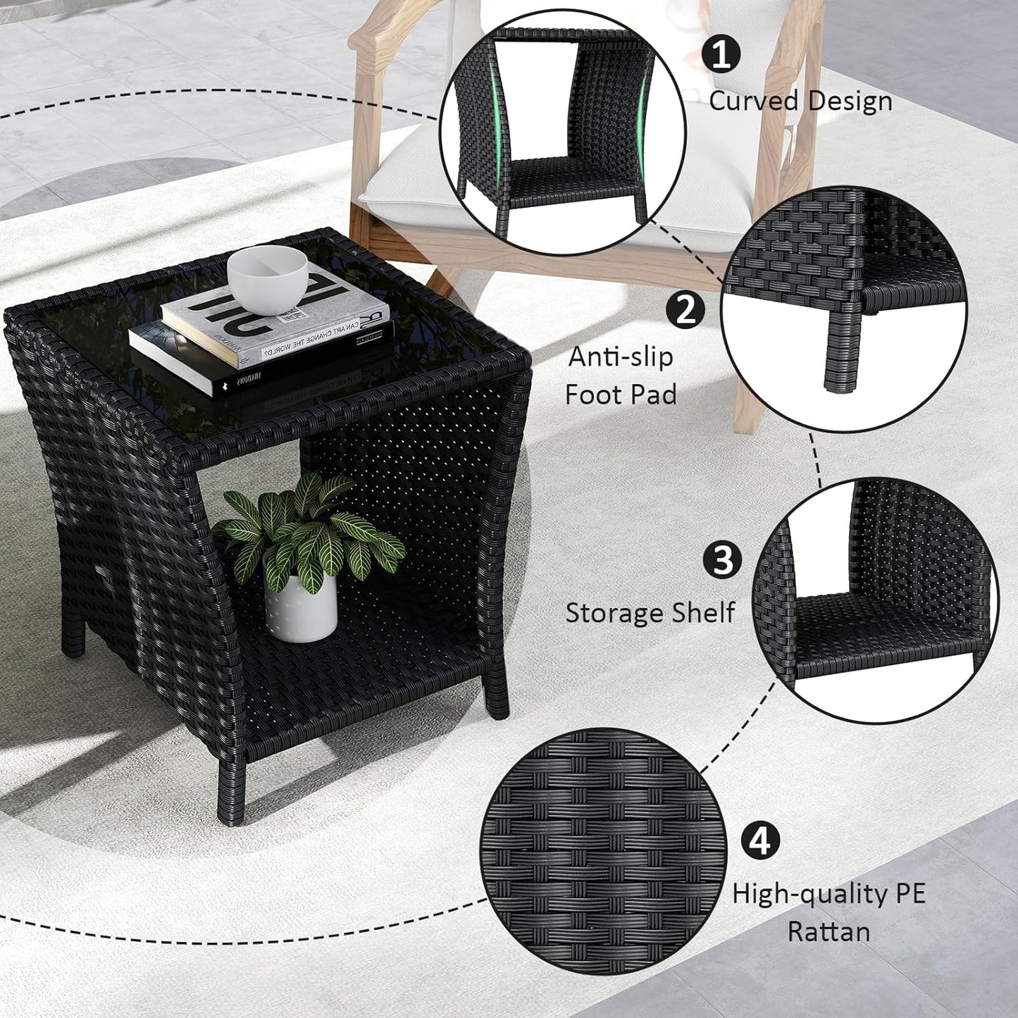 Outdoor Small Patio Table - PE Rattan Coffee Table, Wicker Side Table for Patio, Balcony & Porch, Durable & Iron Frame (2, Black)