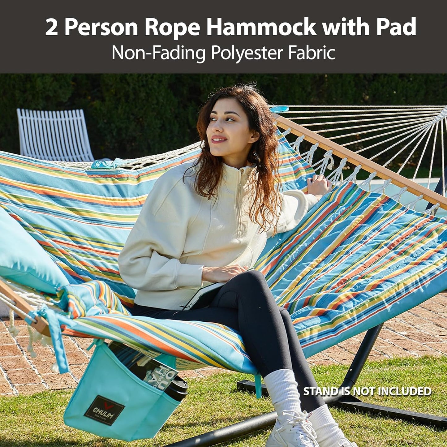Outdoor Double Hammock with Hardwood Spreader Bars, Large Rope Hammock with Polyester Pad and Pillow, 475 LBS Capacity for 2 Person Patio Backyard Poolside - Bule Stripe