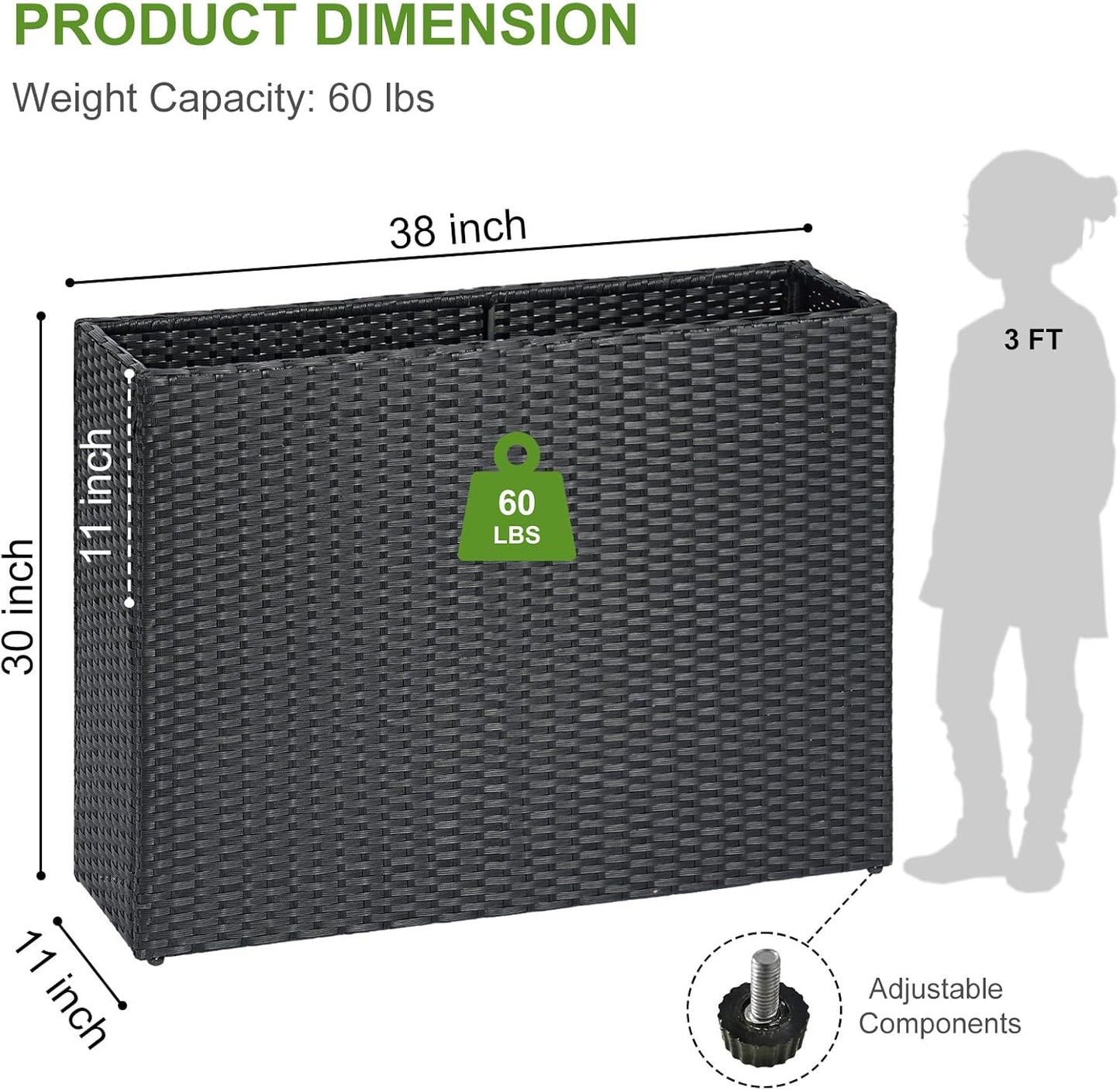 LEWIS&WAYNE Large Rectangular Block Planter Box Handmade Wicker Tall Planters for Outdoor Plants with Removable Liners Modern Planter for Indoor Outdoor Patio Deck - Black, 38''x11''x30''