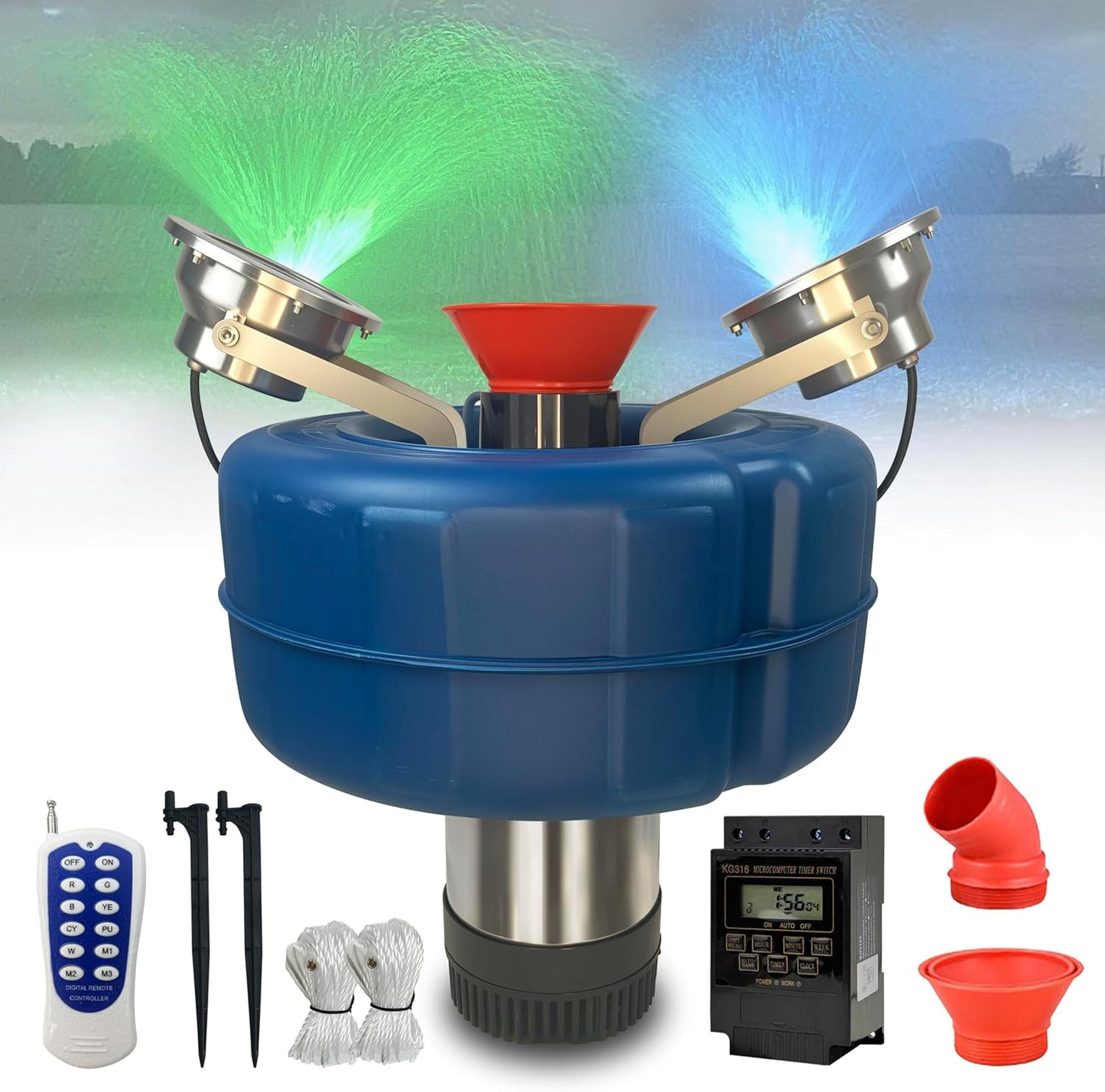 RGB LED Pond Fountain Aerator 750W with Color-Changing Light Show, 1HP 15000 GPH Floating Aerating Pump, 100ft Power Cord, Wireless and Time Control, Perfect for Ponds & Lakes (RGB)