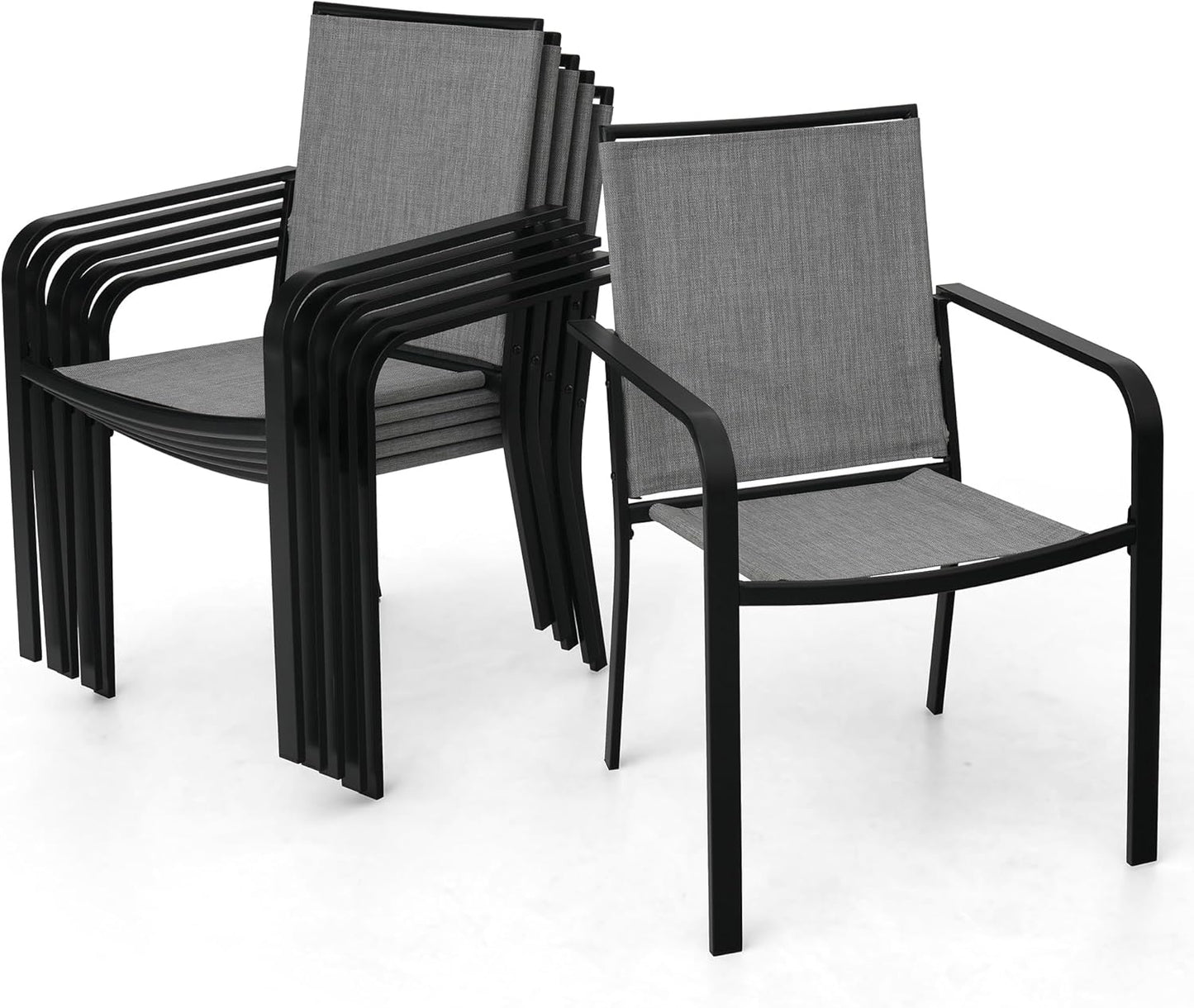 7-Piece Outdoor Dining Set, 48'' Round Table with 6 Stackable Chairs All Weather Furniture Set - Grey