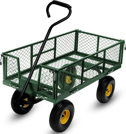 Steel Garden Cart, 2-in-1 Heavy Duty Utility Wagon 900 LBS Capacity Carts with Removable Mesh Sides to Convert into Flatbed, 240° U-Turn 10" Pneumatic Tires Garden Wagon for Lawn Camping Farm Yard