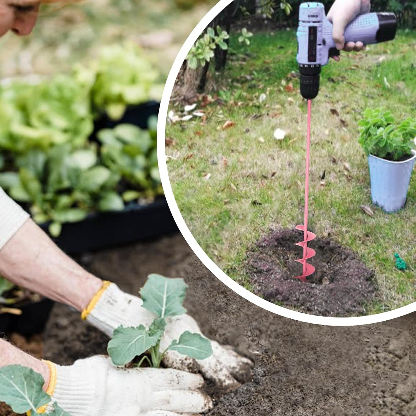 2x32 Inch Pink Long Handle Auger Drill Bit for Planting - Garden Tools Auger Drill Bit, Spiral Garden Auger for Planting Bulbs and Flowers