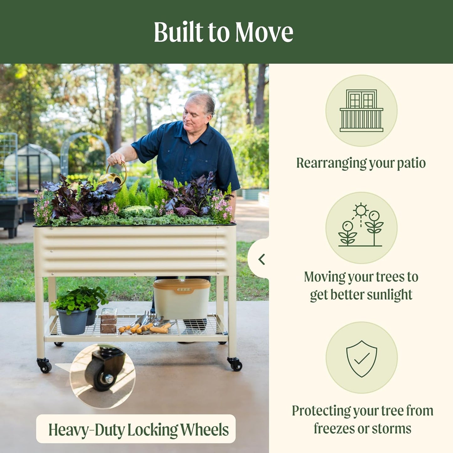 Rolling Elevated Raised Garden Bed-V Series, 2' x 6' Garden Beds with Legs & Storage Rack for Patio & Porch, 1000 Lbs Weight Capacity, Outdoor Planter Box for Vegetables Flower Herbs, Pearl White