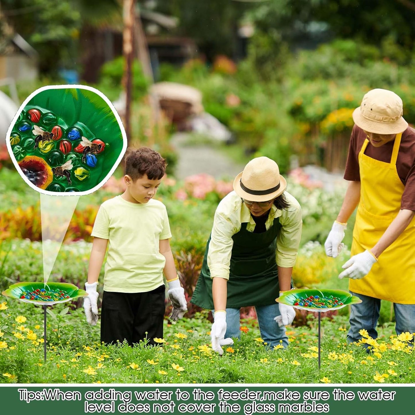 Tandefio Vivid Flower Bee Watering Station Metal Butterfly Water Feeder with 30 Colorful Glass Marbles Bee Feeder Butterfly Bath Bowl for Garden Outdoor Yard Decors(Green,Flower)