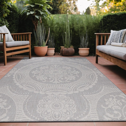 Medallion Outdoor Rug 10x14 Washable Outside Carpet for Indoor Patio Porch Waterproof Easy Cleaning Non Shedding Area Rugs Gray 10 x 14