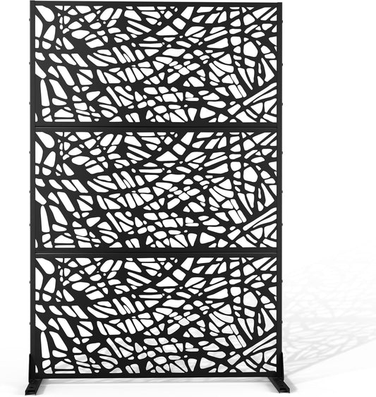 Metal Privacy Screen Outdoor 72" H×47" W,Freestanding Decorative Privacy Screen for Balcony Yard&Garden,Privacy Fence-Black&Net