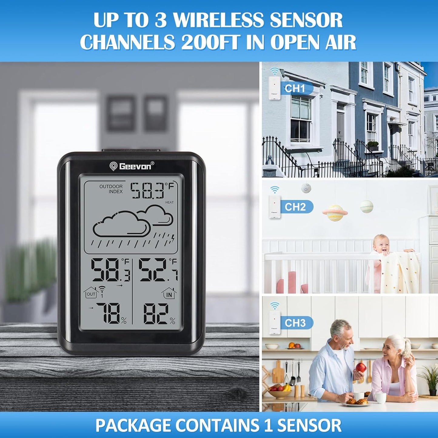 Geevon Indoor Outdoor Thermometer Wireless 200ft/60m, Digital Temperature Humidity Monitor with Large Display, Hygrometer with Weather, 3 Channel, Mold/Dew/Heat, 10s Backlight