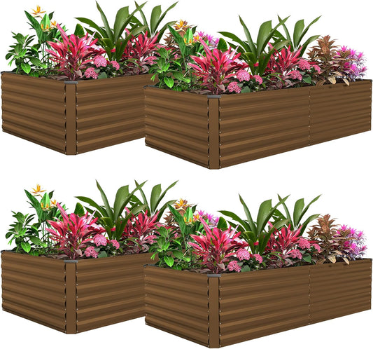 FOOWIN 4pcs 6x3x2ft Galvanized Raised Garden Bed, Planter Raised Garden Boxes Outdoor, Large Metal Raised Beds for Gardening, Garden Bed for Vegetables, Flowers, Herb,269 Gallon Capacity, Brown