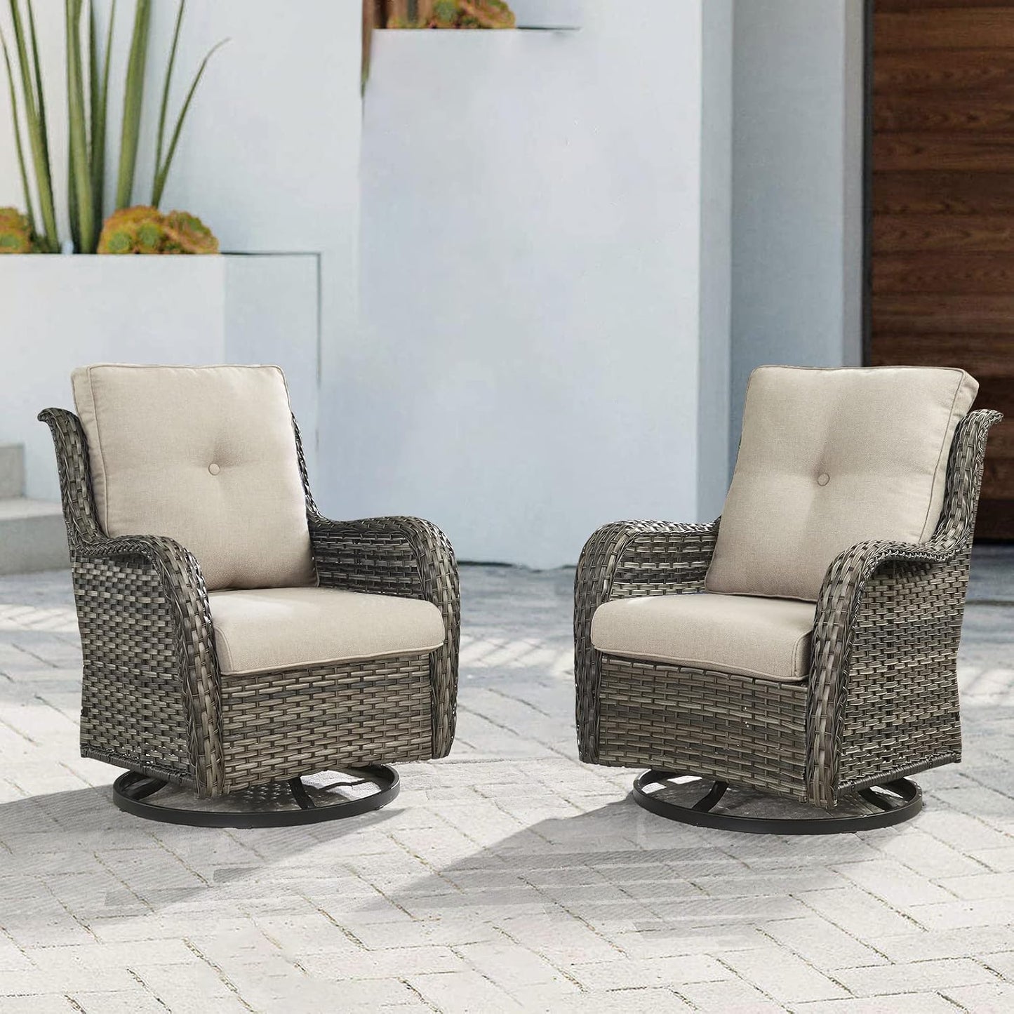 Outdoor Patio Swivel Rocker Chairs - Wicker Rattan Patio Swivel Rocking Chairs Set of 2 with High Back,Deep Seating and Comfort Cushions for Deck Porch Garden,Mixed Grey/Beige