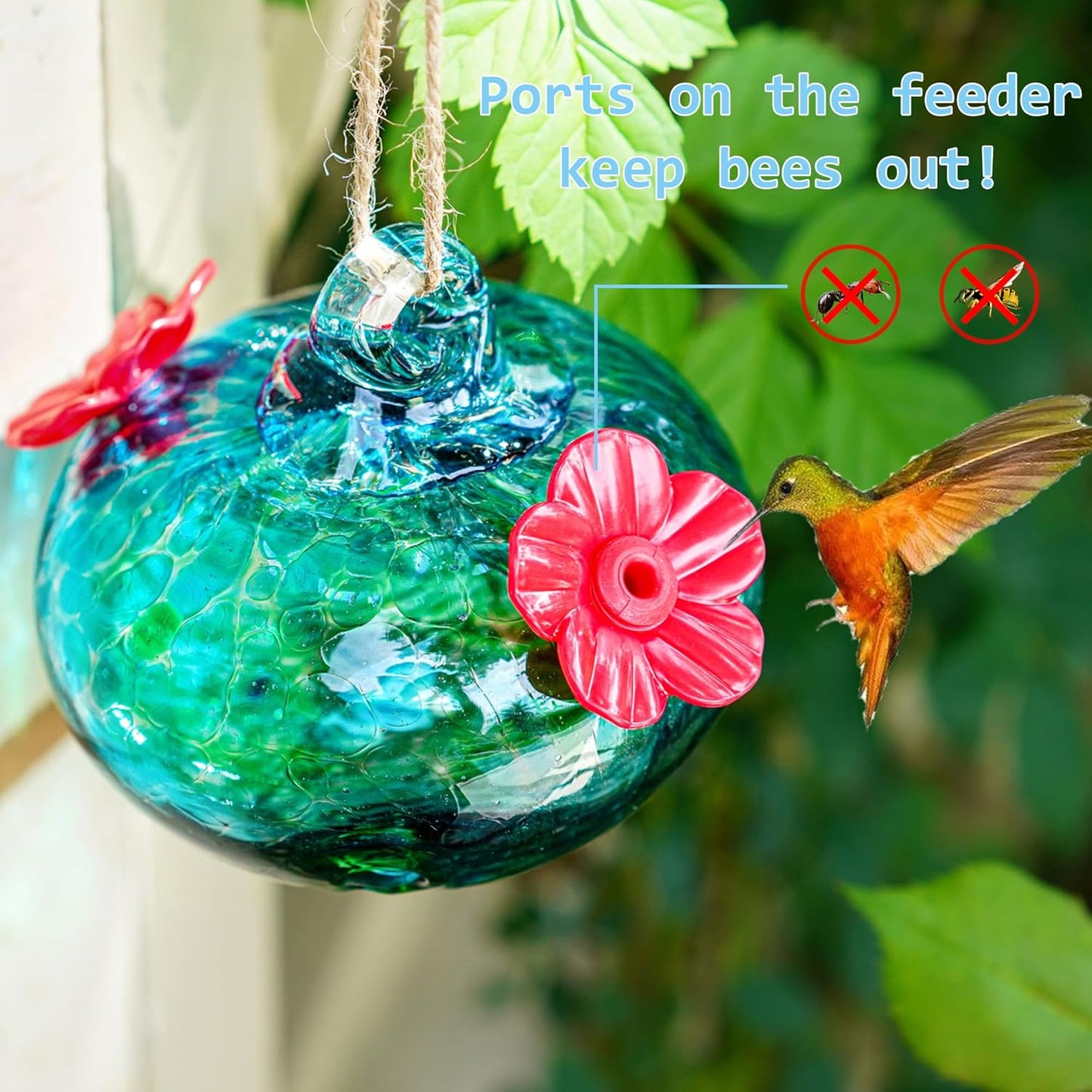 Blown Glass Hummingbird Feeders for Outdoors Small Glass Hummingbird Feeders to Attract Hummingbirds Ant and Bee Resistant Round Feeder Unique Gifts for Woman - 2 Feeding Ports