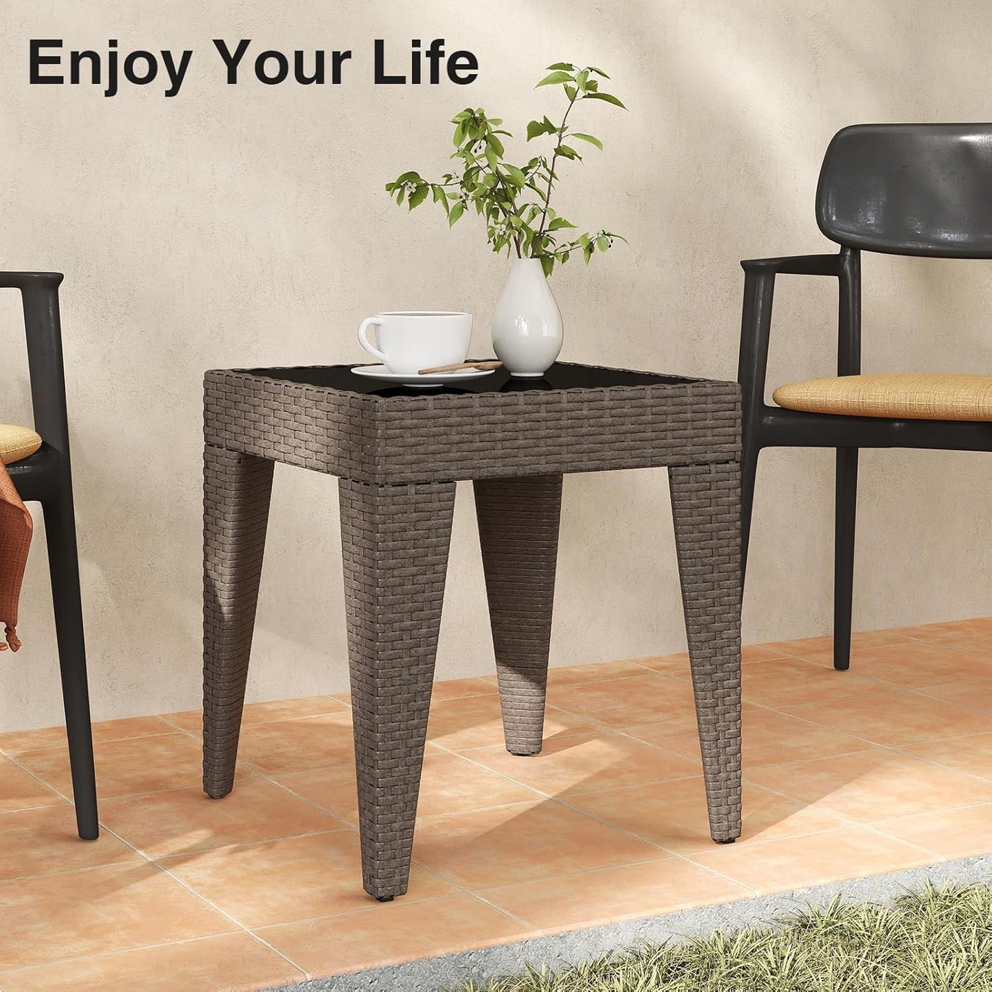 Outdoor Small Patio Table - PE Rattan Coffee Table, Wicker Side Table for Patio, Balcony & Porch, Durable & Iron Frame (1, Rattan Sesame)