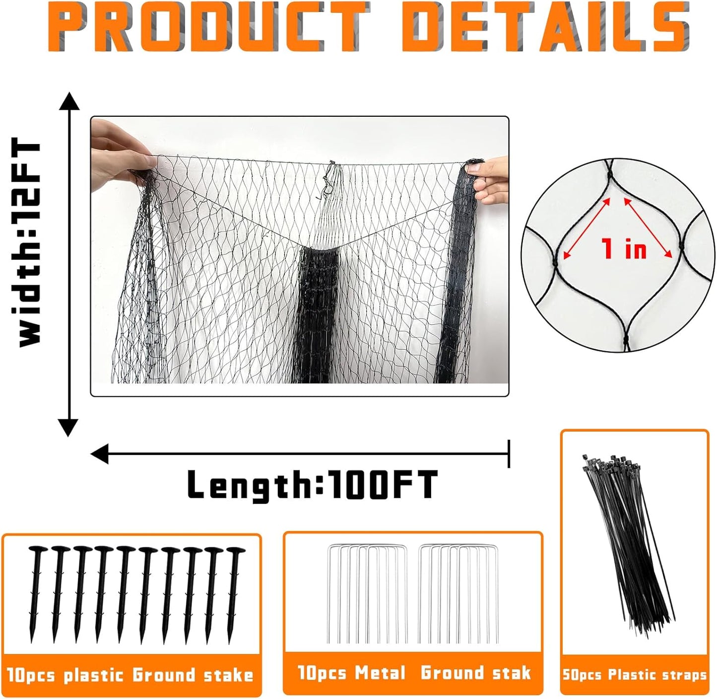 Bird Netting for Garden Heavy Duty Nylon Mesh Garden Netting for Garden Protection Bird Fence Plant Netting Protection Against Birds, Deer, Squirrels and Other Animals (12x100FT)