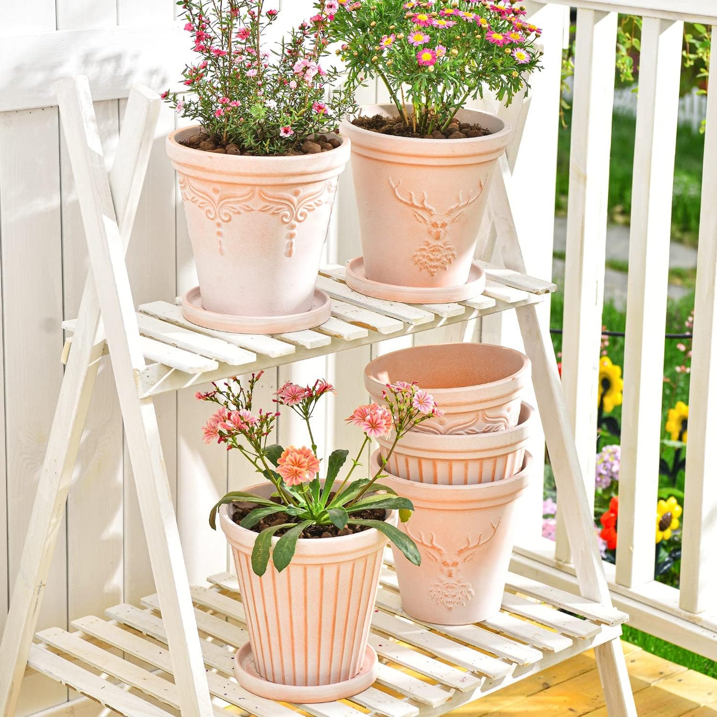 Sungmor Set of 3 Terra Cotta Pots With Saucer & Drainage Hole - 8 Inch Large & Deep Clay Planters, Unique Embossed & Pretty Color Pottery for Plants, Orchid, Cactus, Succulent