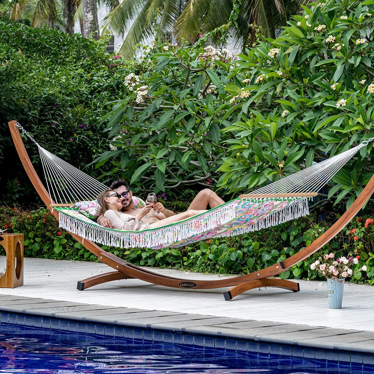 Lazy Daze Hammocks 12 FT Double Layered Quilted Fabric Hammock Swing with Pillow and Carrying Bag, Elegant Tassels and Spread Bar Heavy Duty Stylish for Two Person, Floral