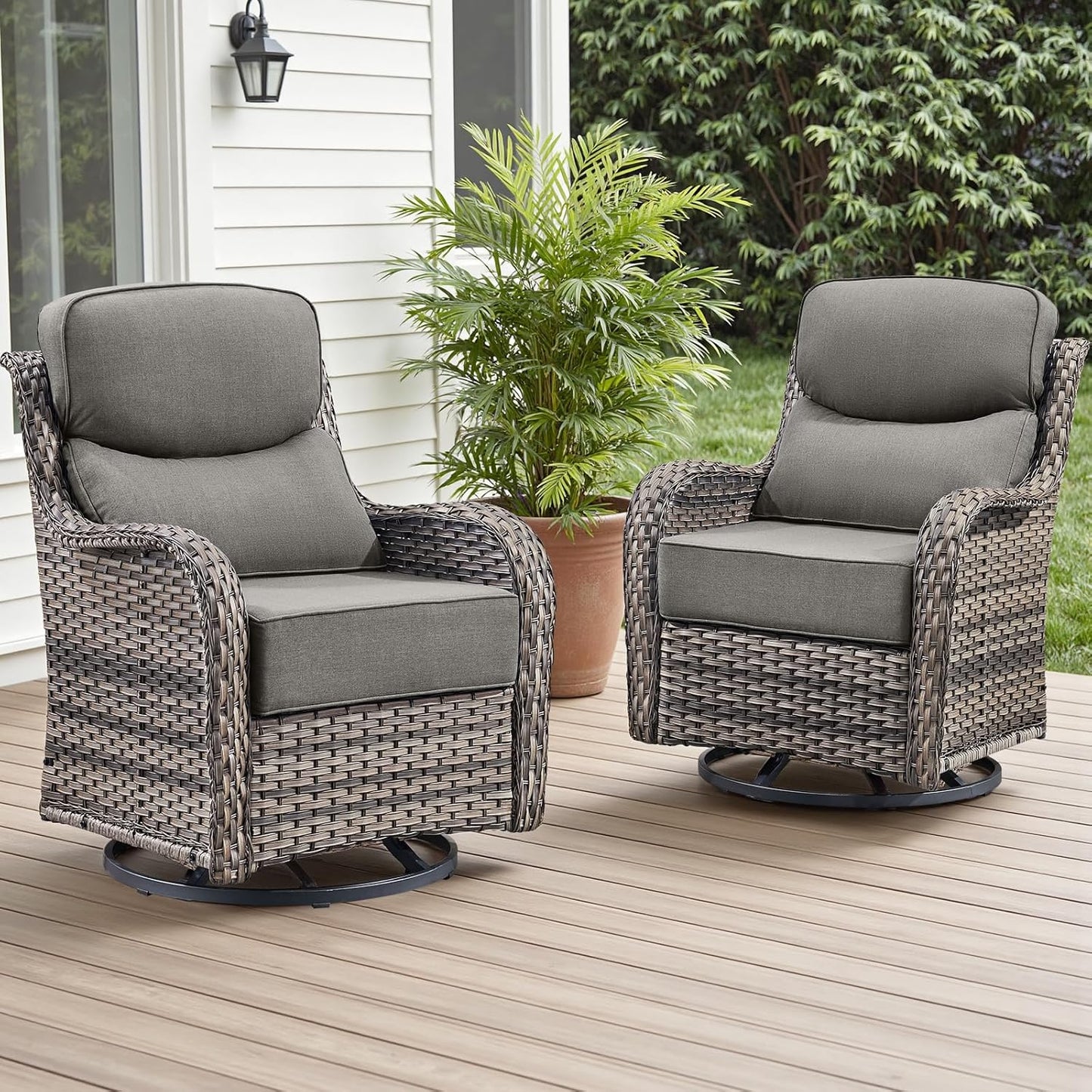 Outdoor Patio Swivel Rocker Chairs Set of 2, Waterproof Wicker, High Back, Deep Seating, Wide Armrest, Upgraded 6 inch Thick Cushions, Ideal for Deck Porch Backyard, Mixed Grey-Grey