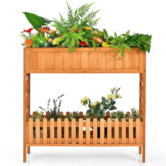S AFSTAR 2-Tier Raised Garden Bed, Indoor Outdoor Flower Bed with Bottom Shelf Fence, 35.5” H Wood Elevated Planter Box for Vegetable Flower Herb Succulent, Ideal for Patio Balcony Backyard