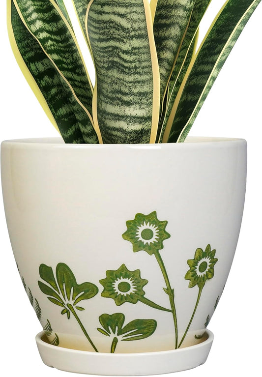 8.2 Inch Plant Pot - Ceramic Planter for Indoor Outdoor Flowers, Boho Round Decorative Indoor Flower Pot with Drainage Hole and Saucer, Gifts for Plant Lovers, Office Garden House Decor, White