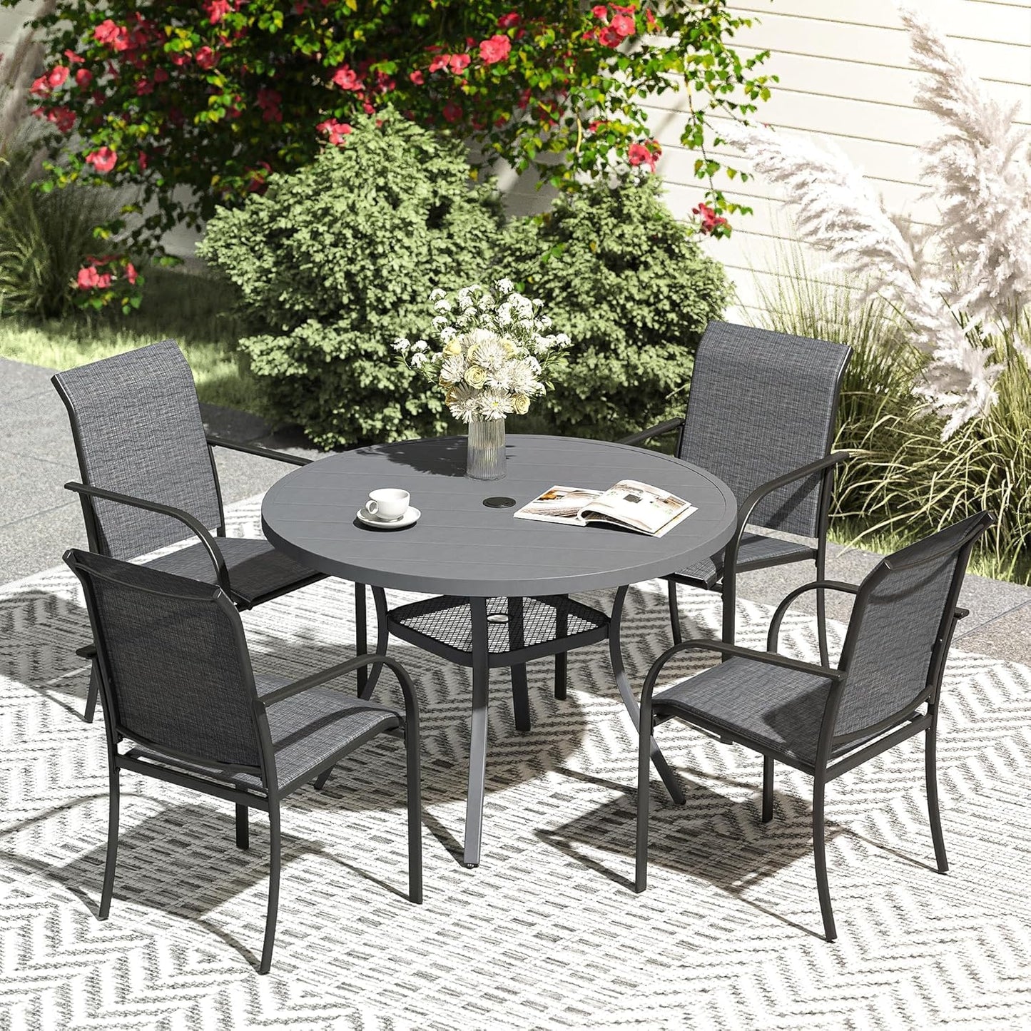 VICLLAX 5 Pieces Patio Dining Set, Outdoor Furniture Set Includes 41.2" Round Patio Table and 4 Patio Sling Chairs, Grey Tabletop and Dark Grey Fabric