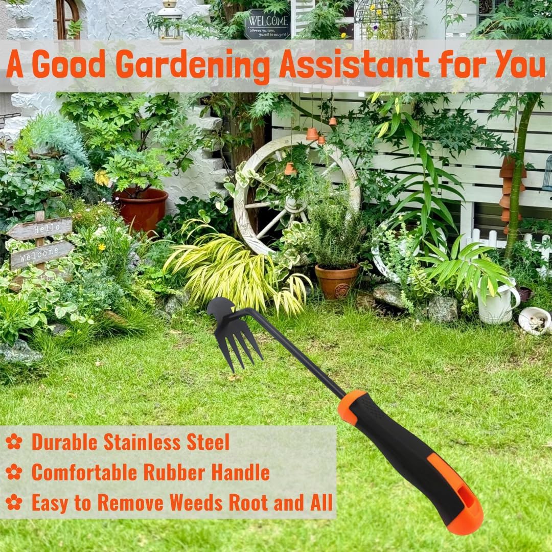 Hand Weeding Tool, Uprooting Weeder Tool Portable Garden Weed Remover with Handle, 4 Teeth Stainless Steel Weed Puller for Garden Backyard Farm Planting & Weeding (Rubber Handle)