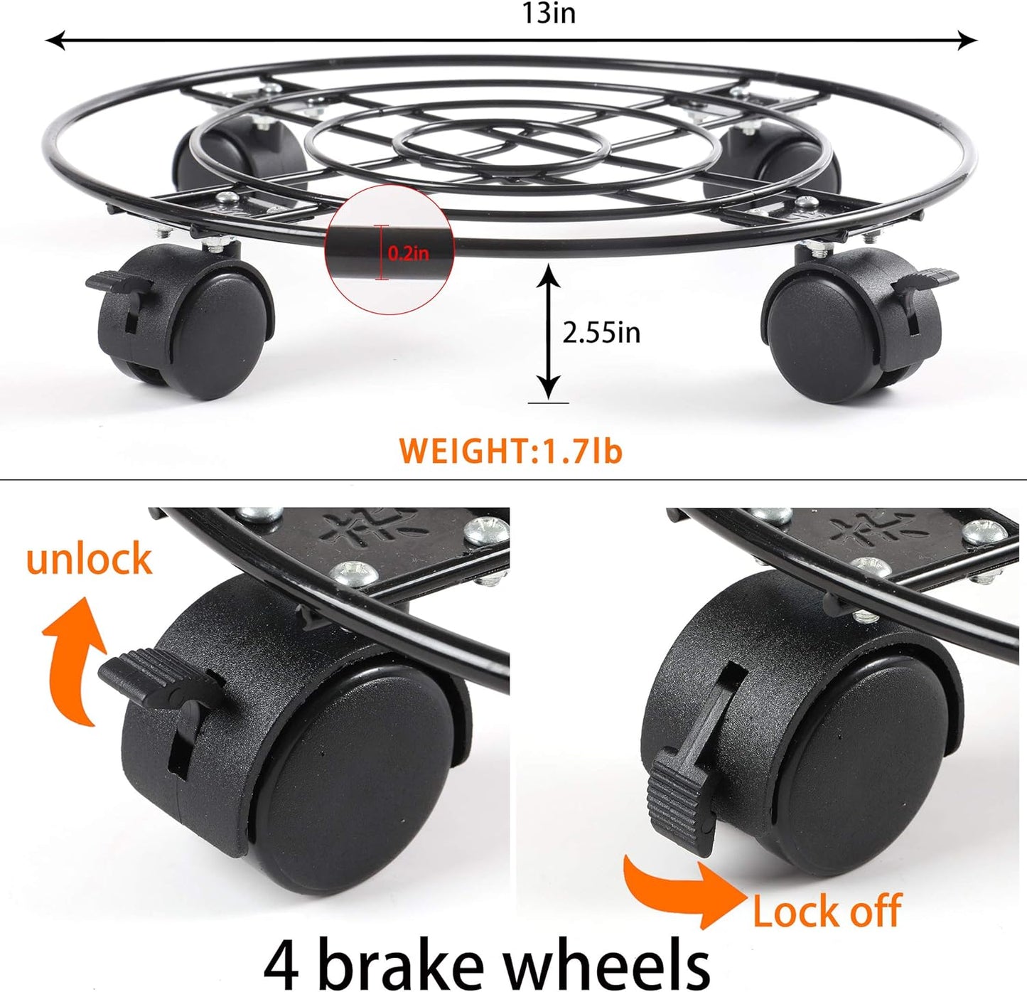 2Pack Plant Caddy with Wheels Heavy Duty Metal Iron, 13'' Black Capable of Bearing 164 LBS, Plant Stand with 360° Lockable Wheels for Plant Pots, indoor outdoor garden planter