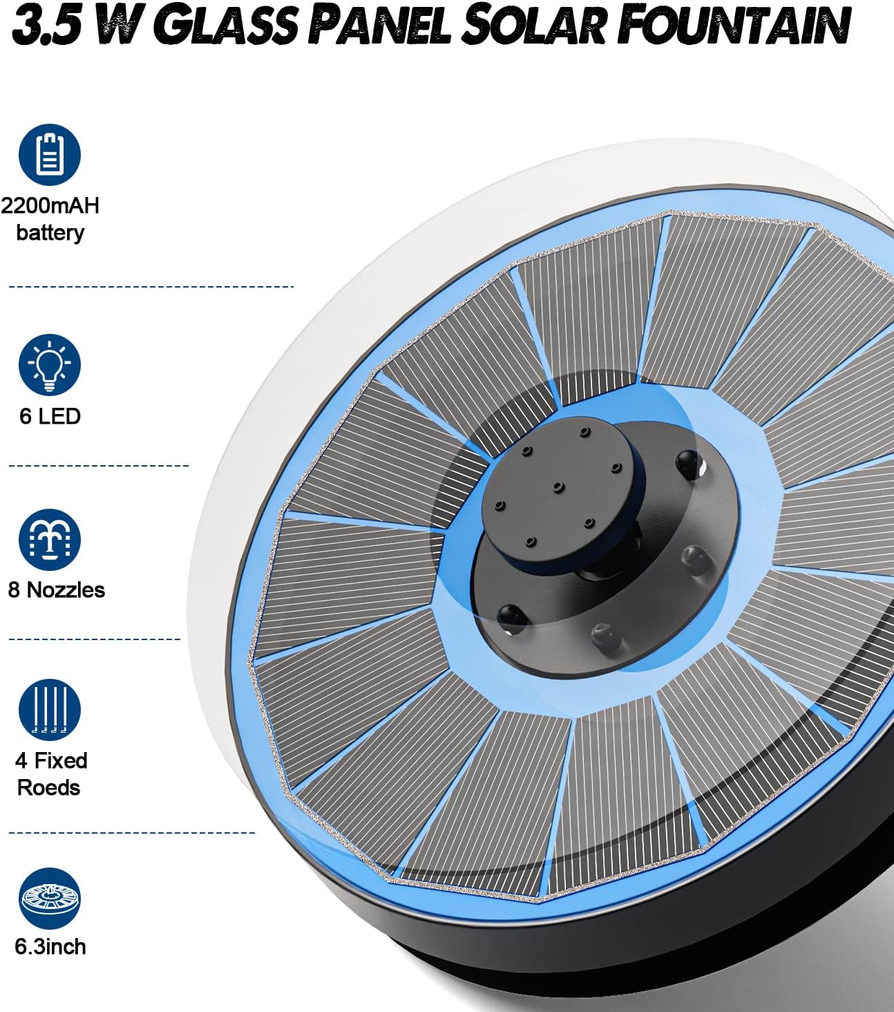 Solar Fountain Glass Panel with 2200 mah Battery, 3.5W Floating Solar Water Fountain with 4 Fixed Rods, Solar Fountain Pump for Bird Bath, Garden, Pond, Pool, Outdoor-Colorful Lights